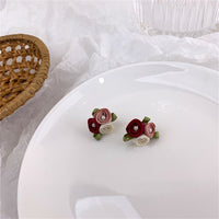 Red Mesh & Pearl Tri-Rose Stud Earrings