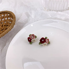 Red Mesh & Pearl Tri-Rose Stud Earrings