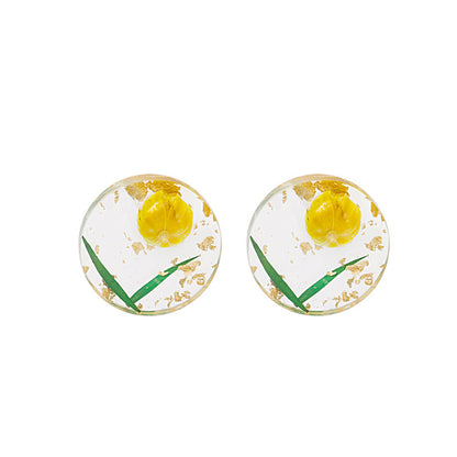 Silver-Plated and Yellow Floral Stud Earrings, silver stud earrings for women, dainty minimalist design, front view