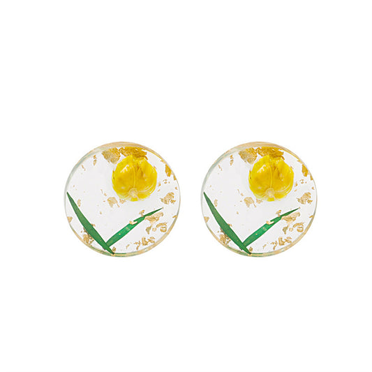 Silver-Plated and Yellow Floral Stud Earrings, silver stud earrings for women, dainty minimalist design, front view
