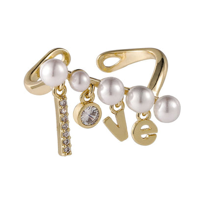 Pearl and Cubic Zirconia 'Love' Open Ring, statement rings for women, everyday style, detail close-up