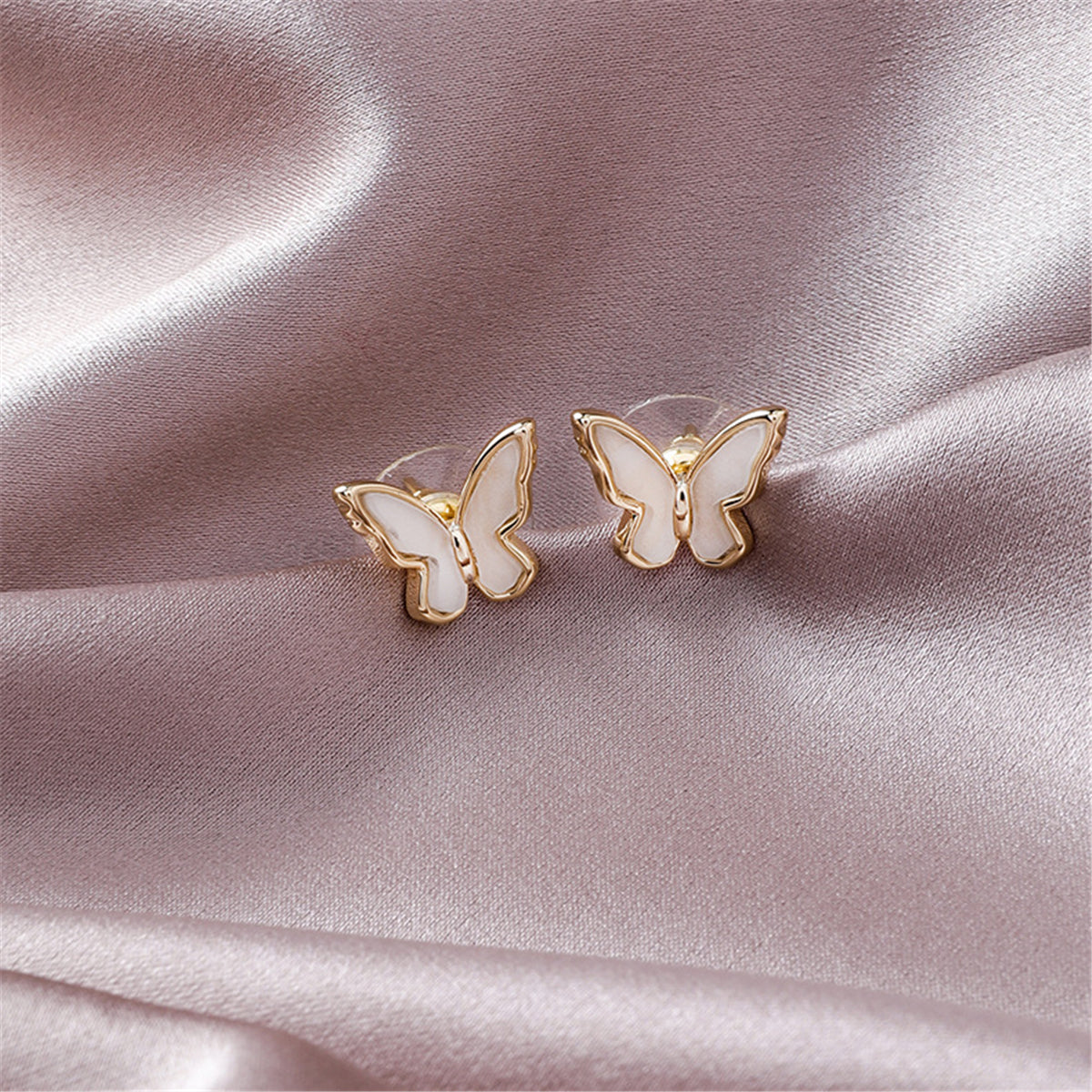 Shell and 18K Gold-Plated Butterfly Stud Earrings, gold stud earrings for women, dainty minimalist design, detail close-up