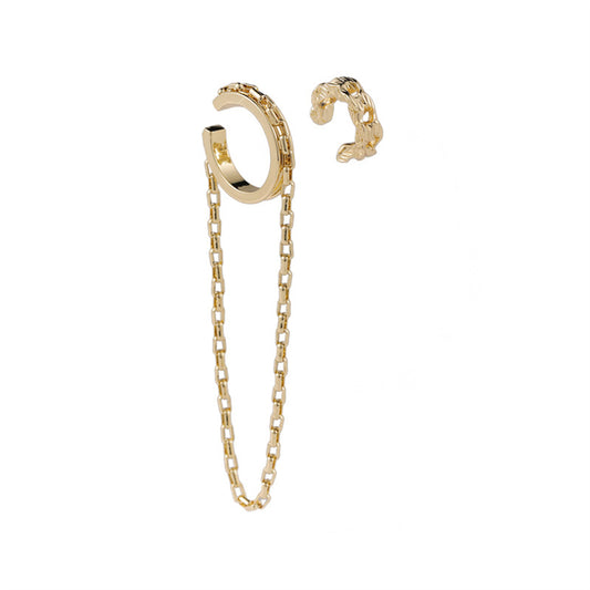 18K Gold-Plated Chain Ear Cuff Set, gold drop earrings for women, dainty minimalist design, front view