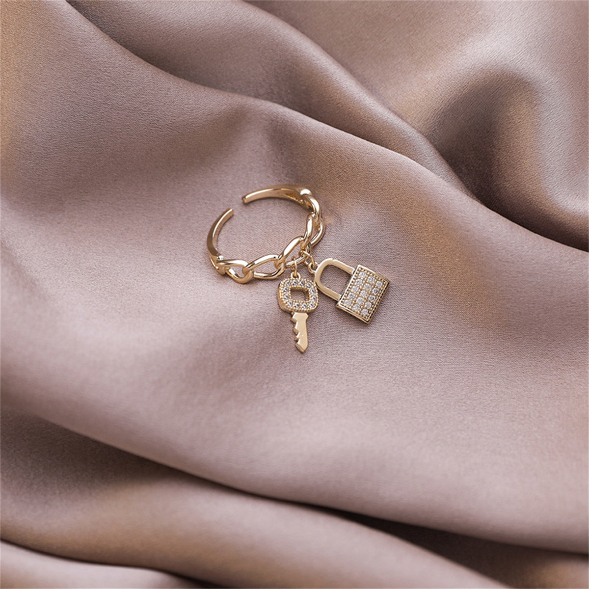 Cubic Zirconia & 18K Gold-Plated Key & Lock Charm Open Ring