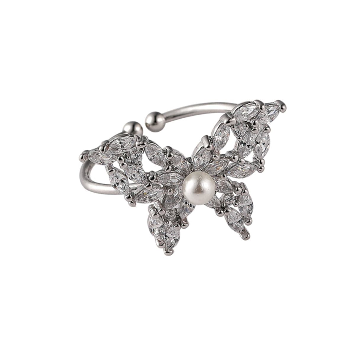 Pearl & Crystal Silver-Plated Butterfly Band Ring