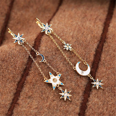 Pink Enaeml & 18K Gold-Plated Star Moon Asymmetrical Drop Earrings