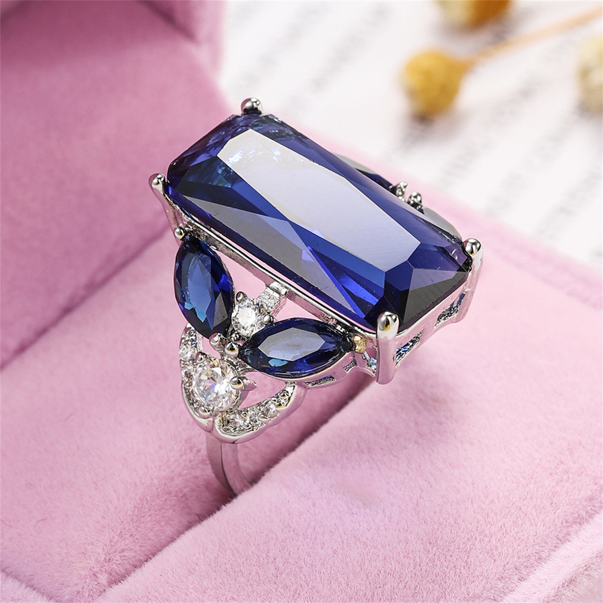 Cubic Zirconia and Blue Crystal Rectangle Ring, statement rings for women, dainty minimalist design, detail close-up