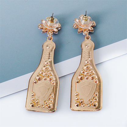 Pink Crystal and Enamel Pearl Shield Bottle Drop Earrings, drop earrings for women, dainty minimalist design, detail close-up