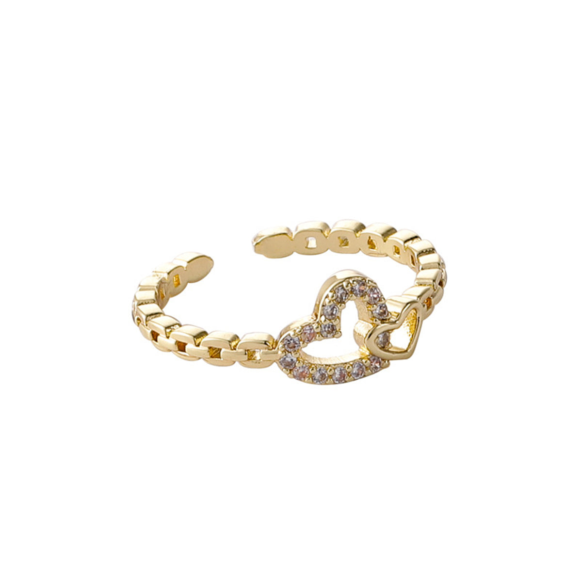 Cubic Zirconia and 18K Gold-Plated Pavé Interlocked Open Heart Chain Ring, gold statement rings for women, front view