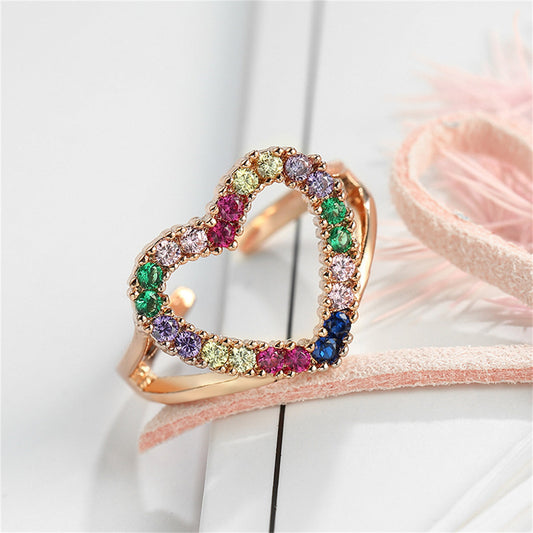 Red Cubic Zirconia and 18K Rose Gold-Plated Open Heart Ring, rose gold statement rings for women, everyday style, front view