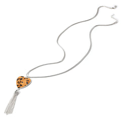 Tan Polyurethane & Silver-Plated Leopard Heart Tassel Pendant Necklace