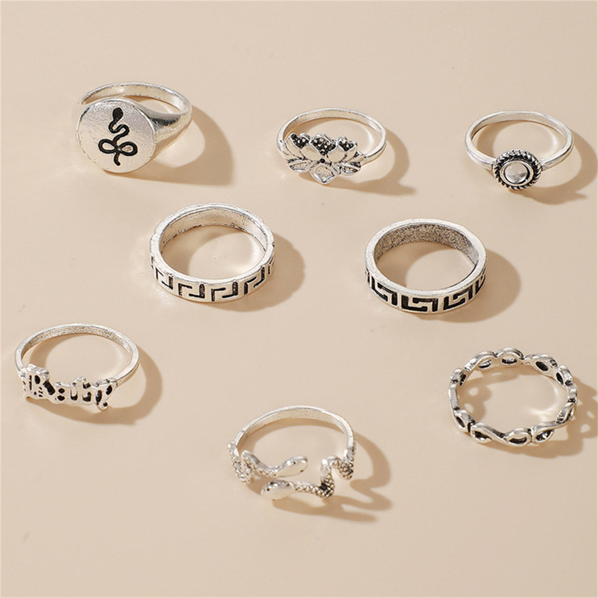 Moonstone & Silver-Plated Lotus Snake Ring Set