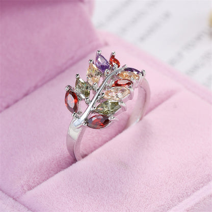 Marquise Crystal and Silver-Plated Leaf Ring, silver statement rings for women, vintage-inspired design, front view