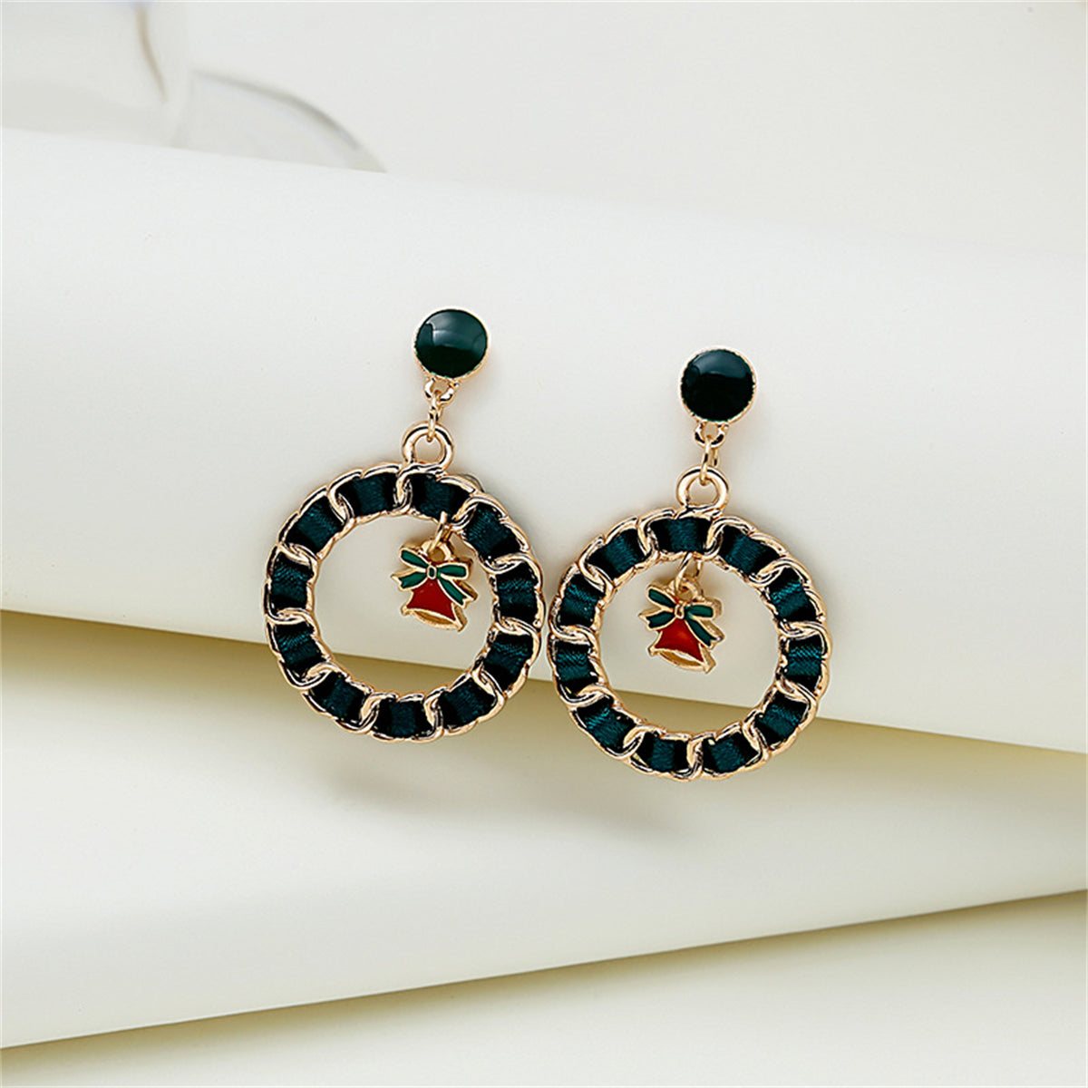 Black Ribbon and Enamel 18K Gold-Plated Bell Figaro Drop Earrings, gold drop earrings for women, front view