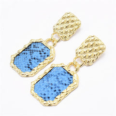 Gold-Plated & Blue Snake-Print Square Drop Earrings