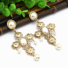 Pearl & 18K Gold-Plated Floral Cross Drop Earrings