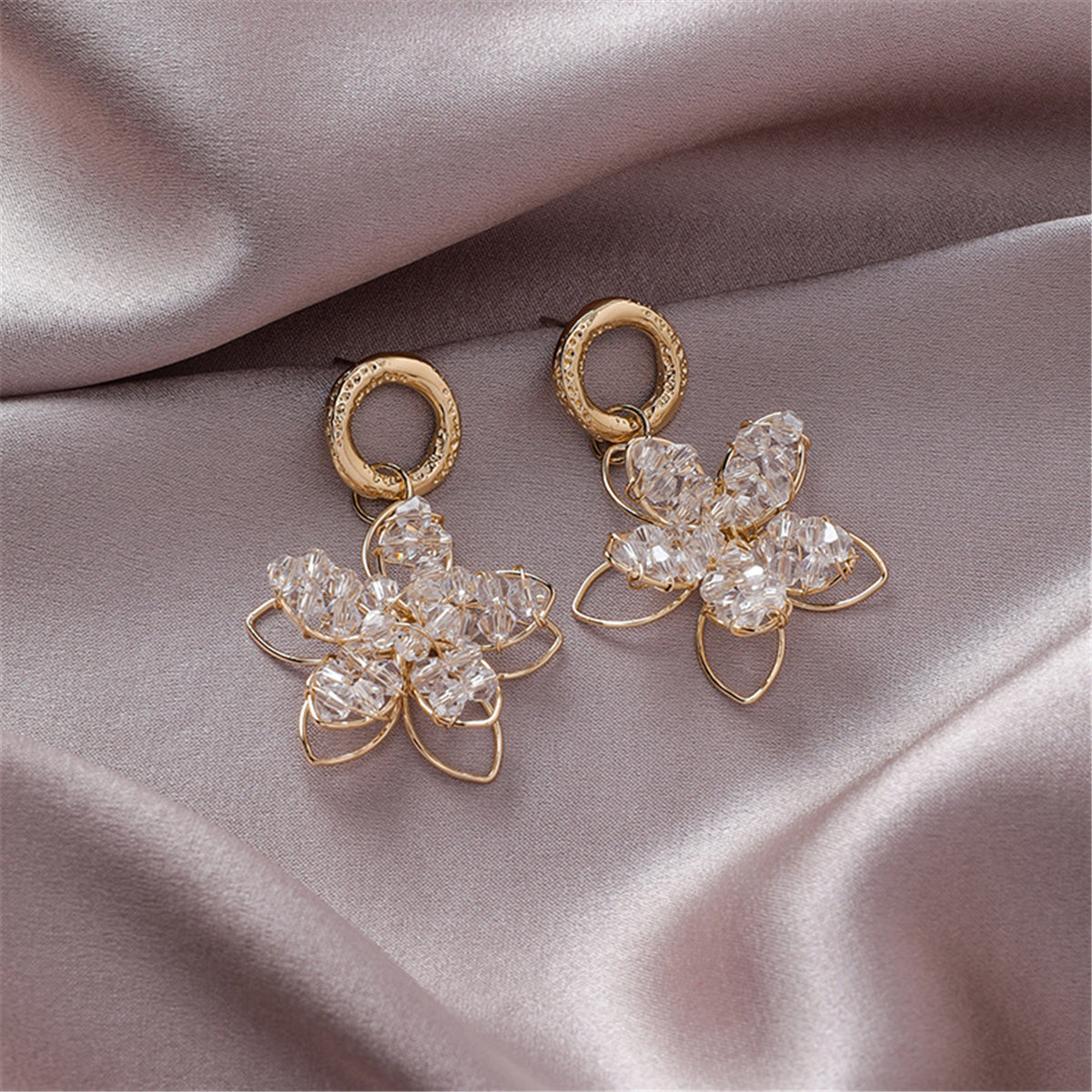 Dazzling 18K gold-plated beaded floral earrings embellished with crystals, a must-have accessory for every fashionista.