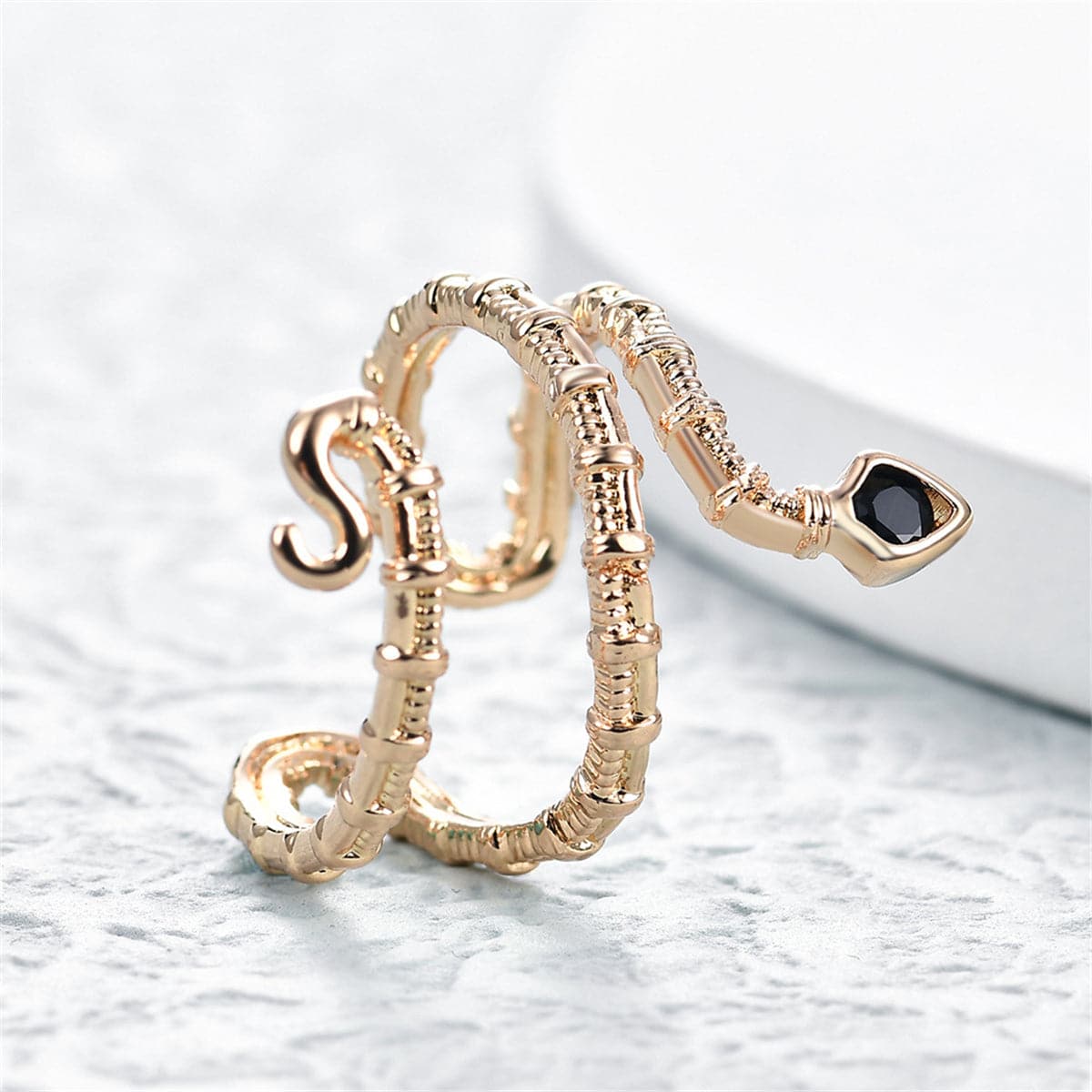 Black Cubic Zirconia & 18K Gold-Plated Snake Layered Open Ring