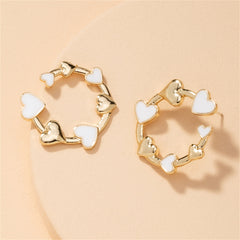 White Enamel & 18K Gold-Plated Heart Round Stud Earrings