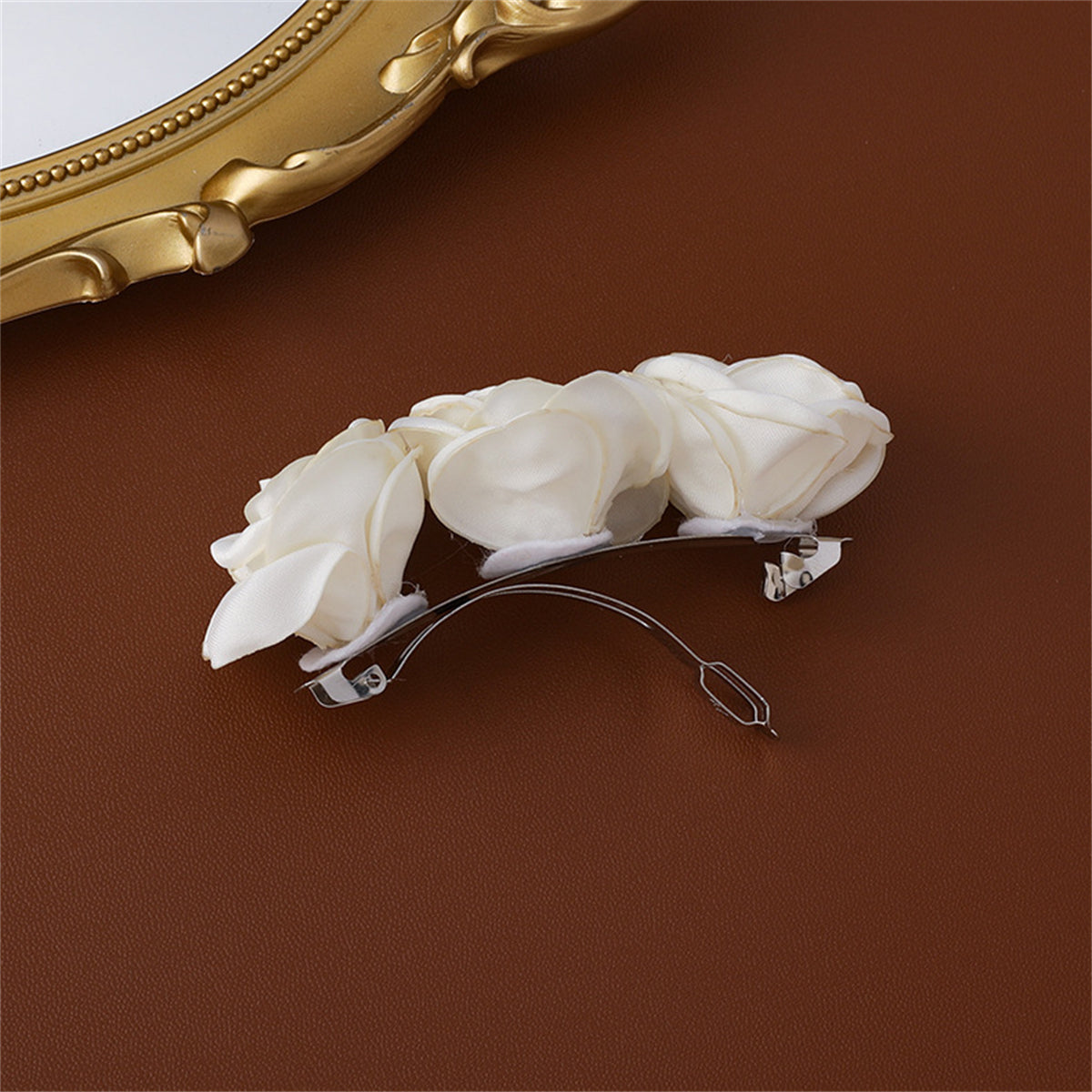 Silver-Plated & White Cloth Rose Hair Clip
