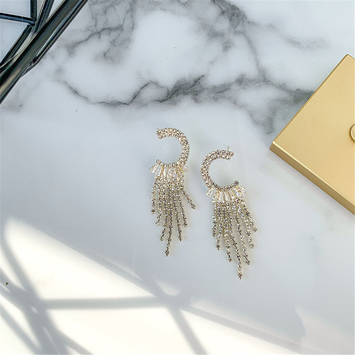 Crystal and Cubic Zirconia Tassel Drop Earrings, drop earrings for women, dainty minimalist design, front view