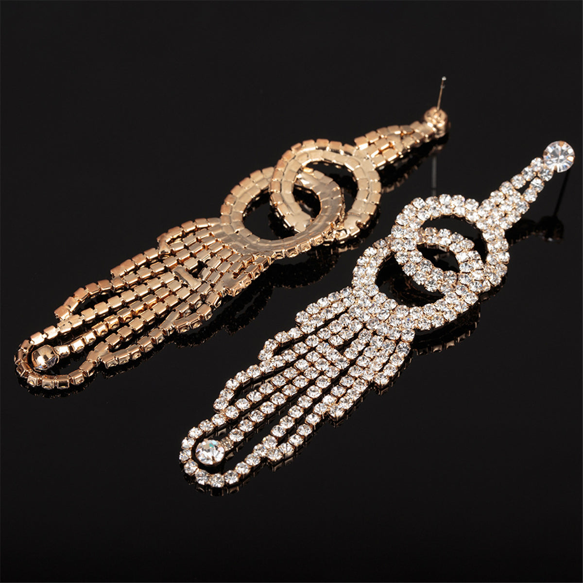 Cubic Zirconia and 18K Gold-Plated Crossing Ring Tassel Drop Earrings, gold drop earrings for women, detail close-up