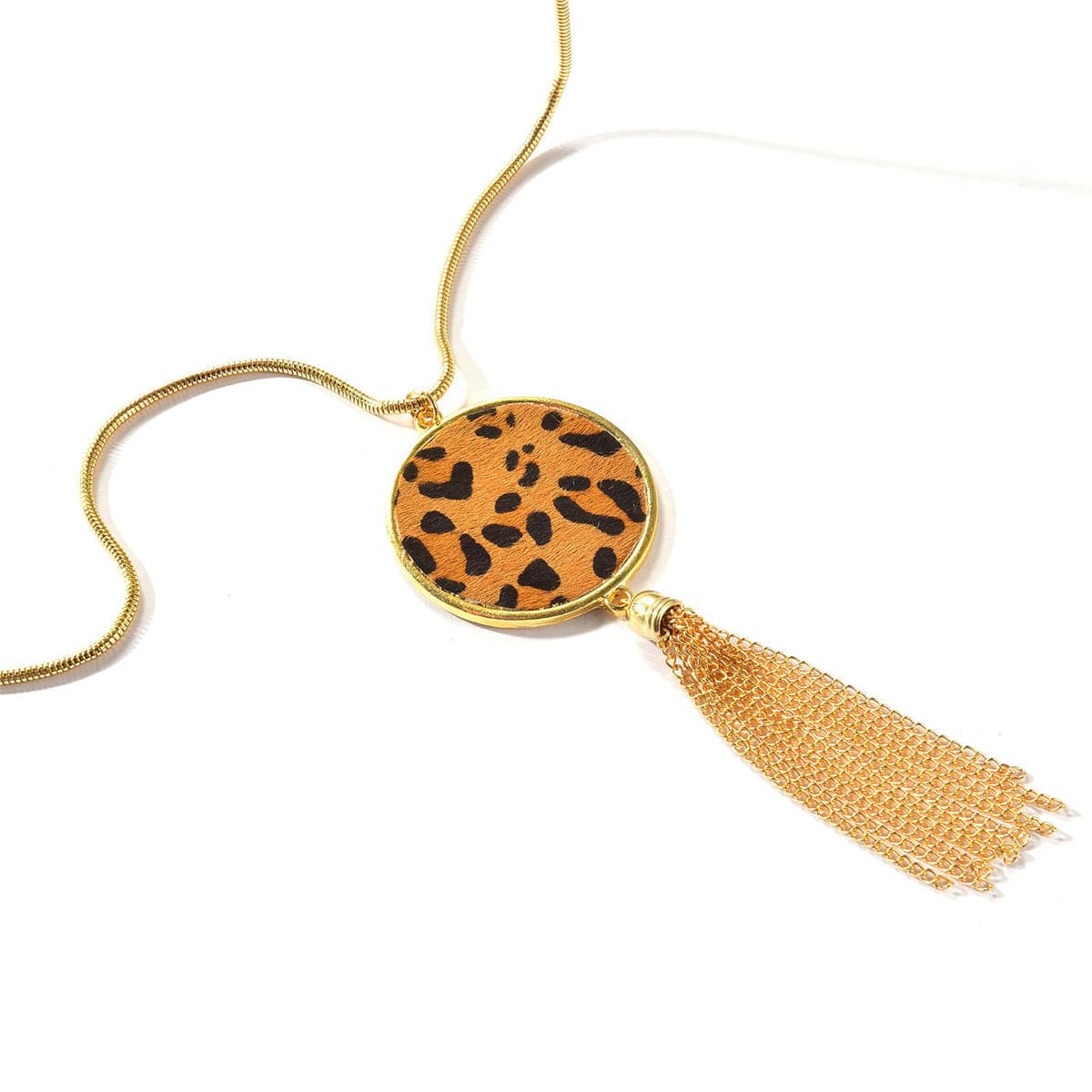 Tan Polyurethane & 18K Gold-Plated Leopard Round Tassel Pendant Necklace