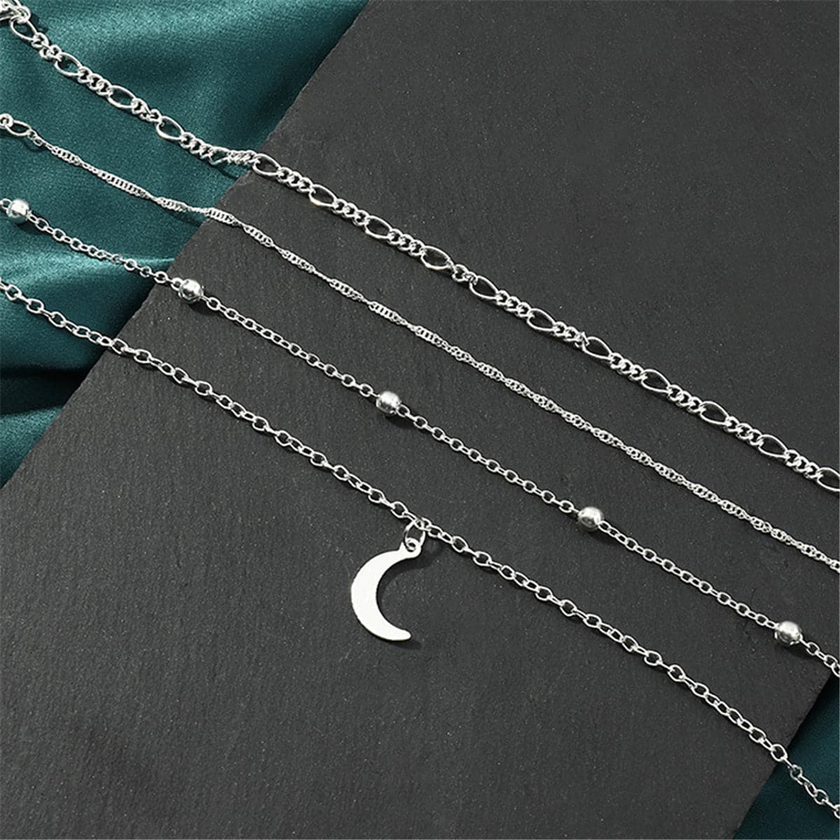 Silver-Plated Moon Charm Anklet Set