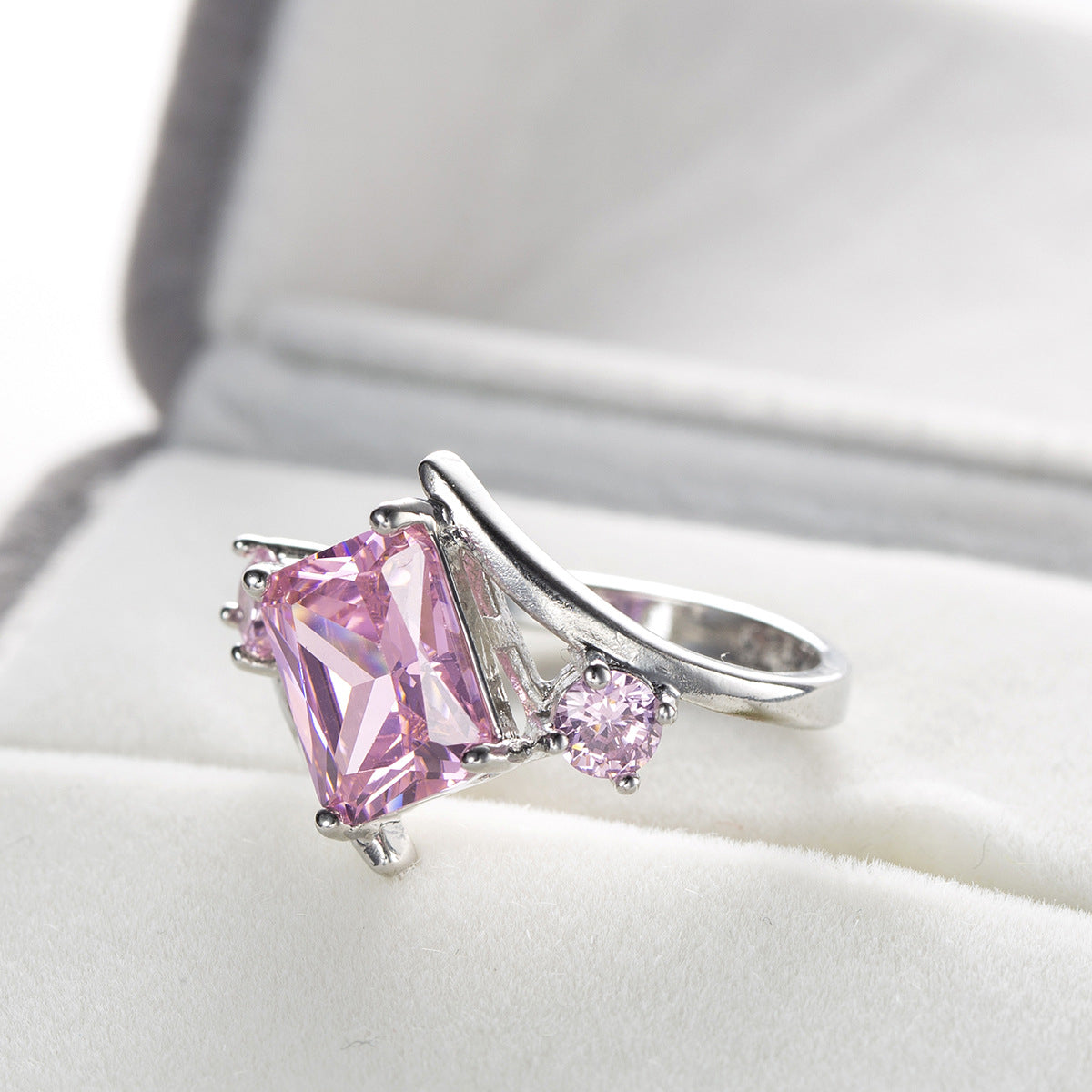Pink Crystal and Cubic Zirconia Curve Princess-Cut Ring, statement rings for women, botanical inspired, front view