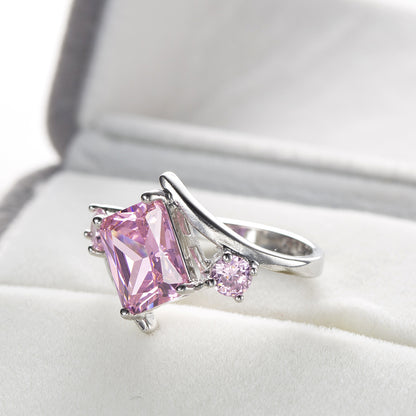 Pink Crystal and Cubic Zirconia Curve Princess-Cut Ring, statement rings for women, botanical inspired, front view