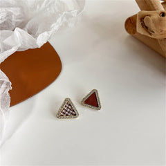 Cubic Zirconia & Brown Polystyrene Houndstooth Triangle Stud Earrings