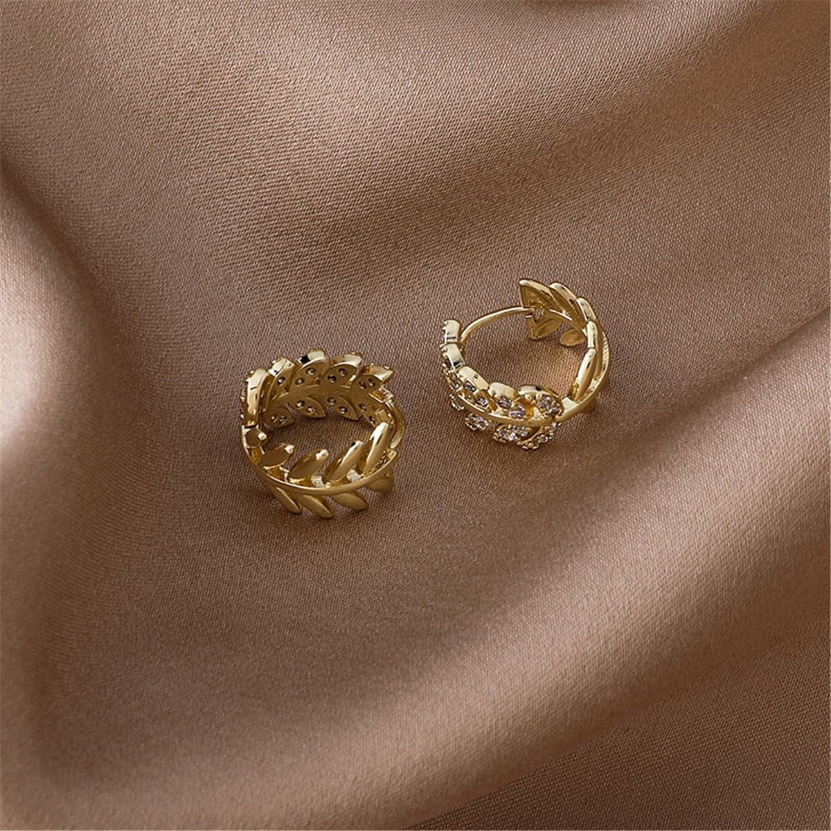 Cubic Zirconia & 18K Gold-Plated Leaf Huggie Earrings