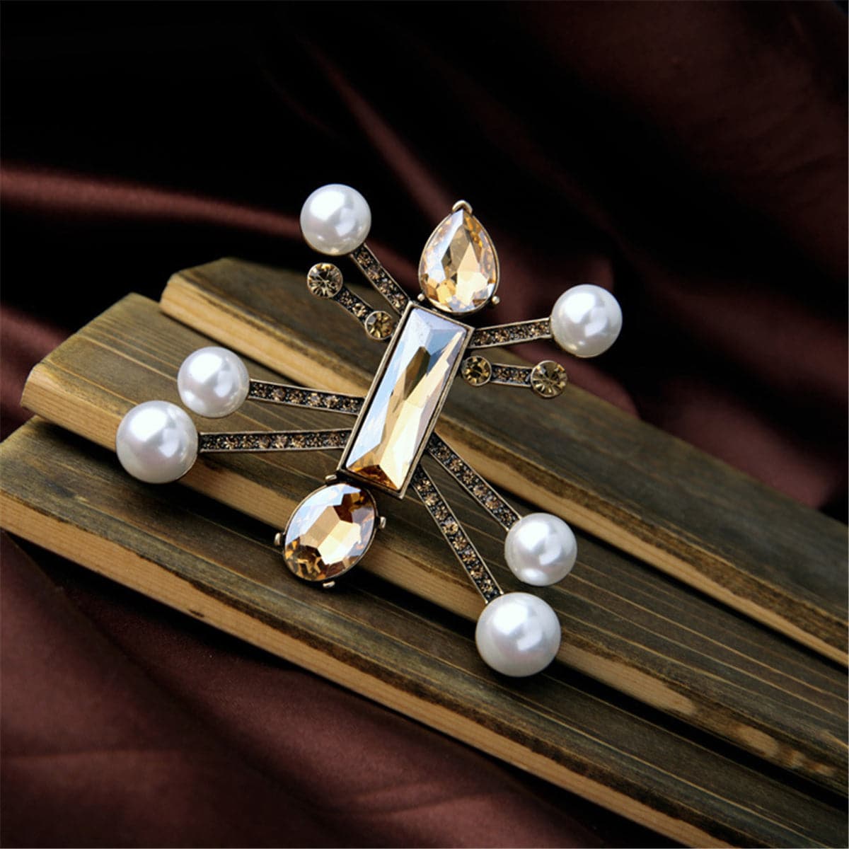 Crystal & Pearl 18K Gold-Plated Robot Brooch