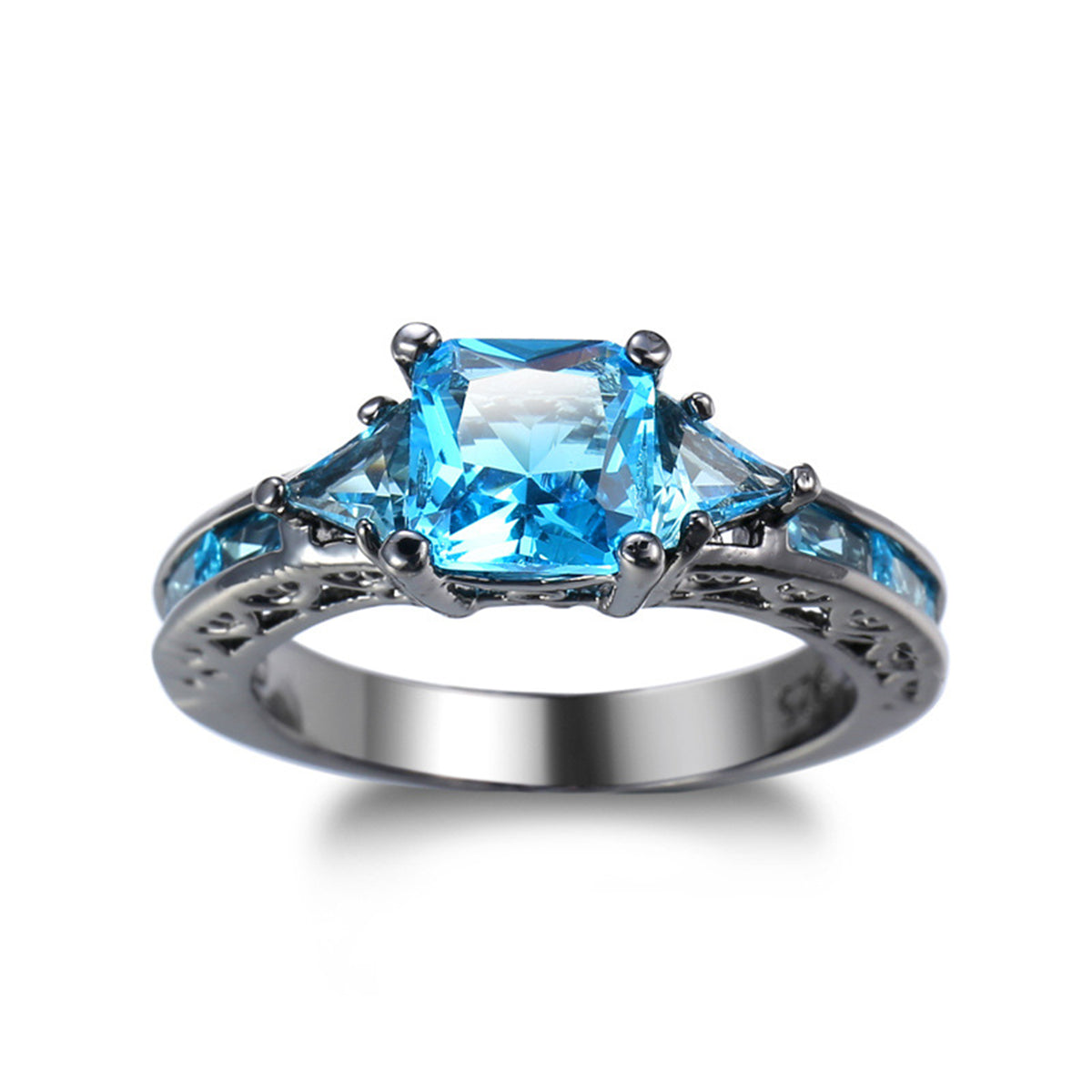 Sea Blue Crystal and Rhodium-Plated Prong-Set Ring, statement rings for women, dainty minimalist design, detail close-up