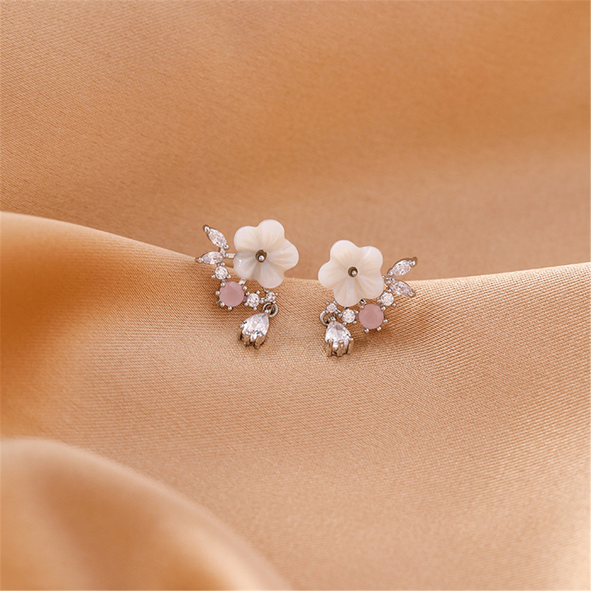 Cubic Zirconia and Pink Cat's Eye Flower Drop Earrings, drop earrings for women, everyday style, front view