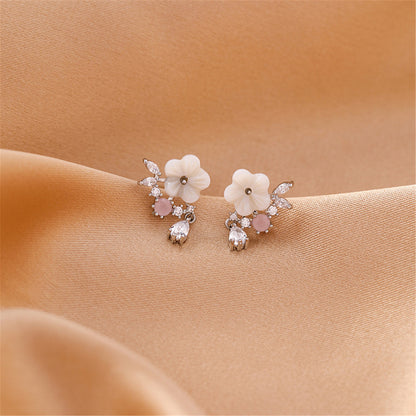 Cubic Zirconia and Pink Cat's Eye Flower Drop Earrings, drop earrings for women, everyday style, front view