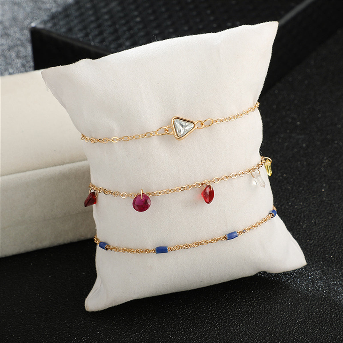 Cubic Zirconia & 18K Gold-Plated Triangle Charm Anklet Set