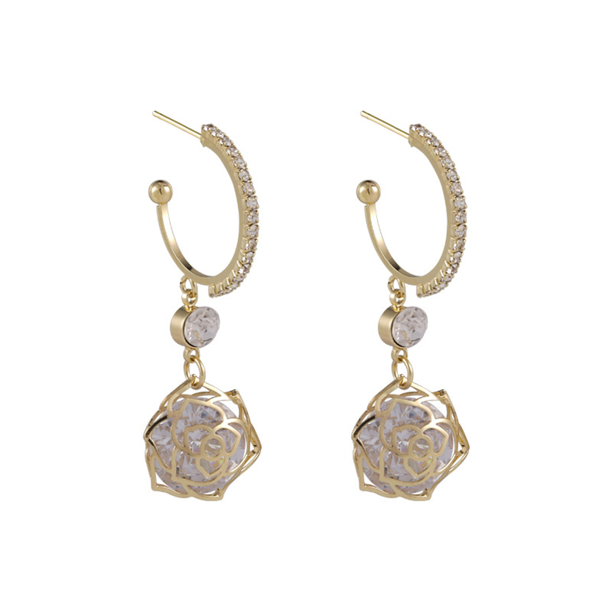 Cubic Zirconia & 18K Gold-Plated Open Rose Drop Earrings