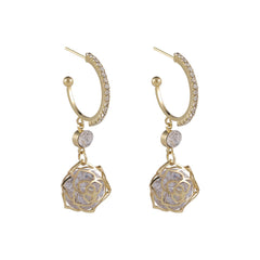 Cubic Zirconia & 18K Gold-Plated Open Rose Drop Earrings
