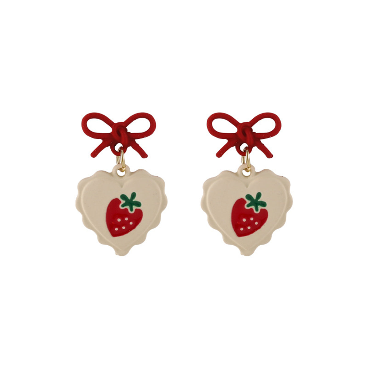 Red Enamel and 18K Gold-Plated Bow Strawberry Drop Earrings, gold drop earrings for women, botanical inspired, front view