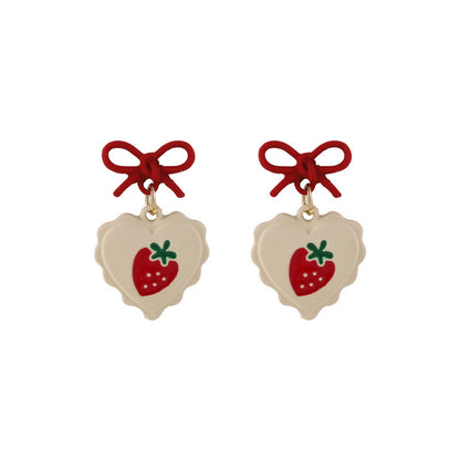 Red Enamel and 18K Gold-Plated Bow Strawberry Drop Earrings, gold drop earrings for women, botanical inspired, front view