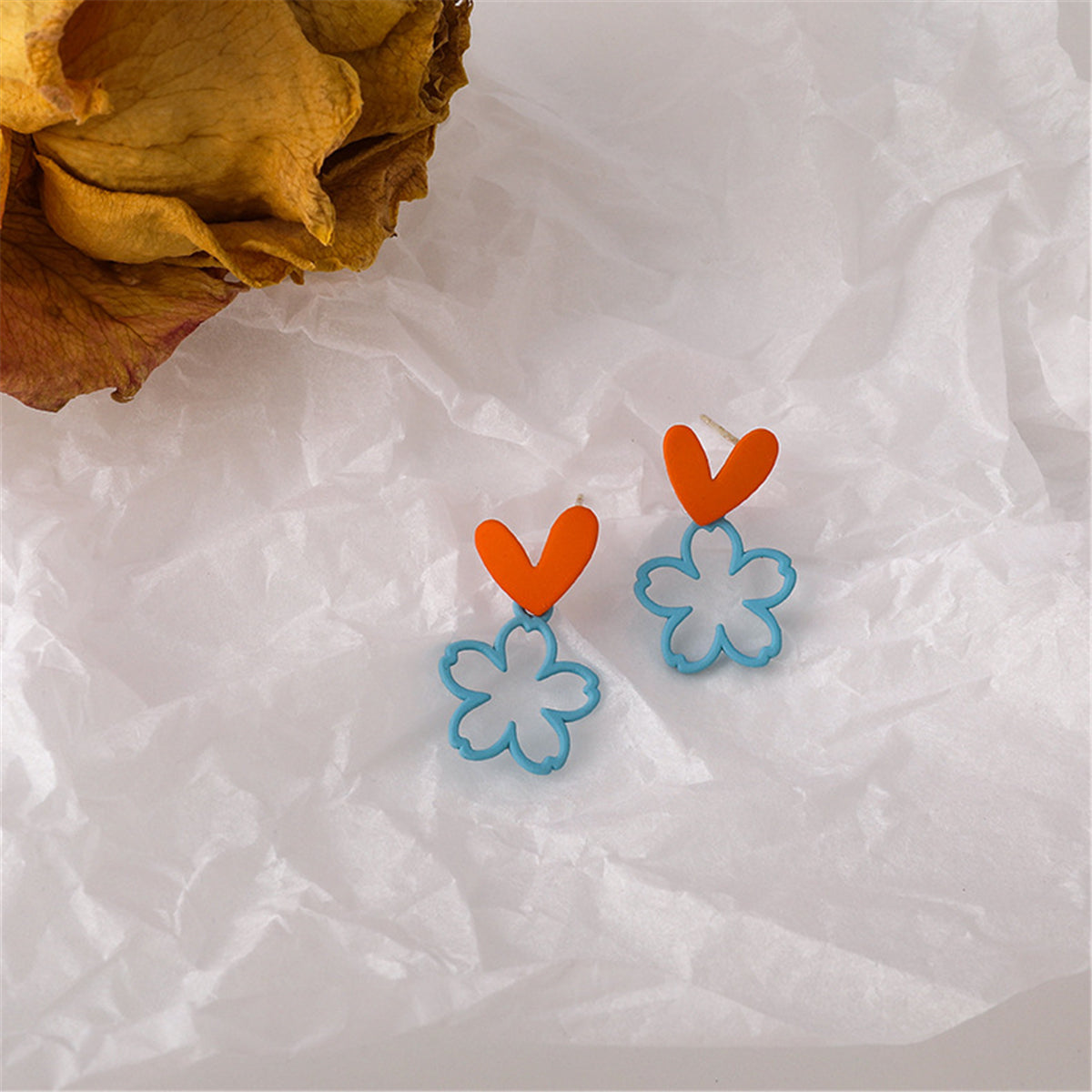 Blue Enamel and 18K Gold-Plated Heart Flower Drop Earrings, gold drop earrings for women, elegant gift for her, front view