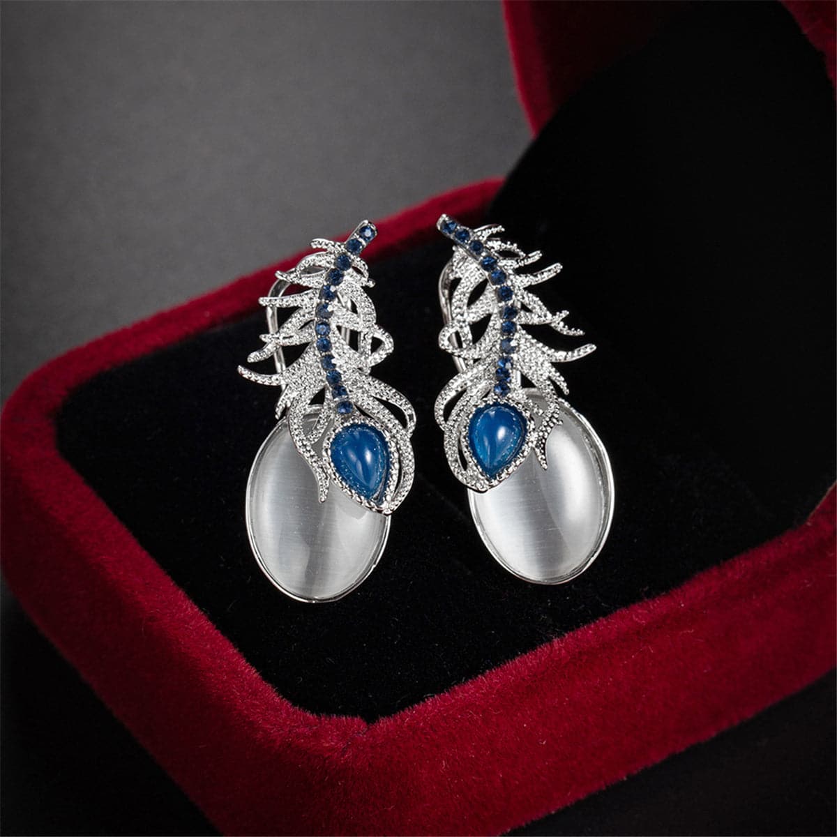 Cubic Zirconia & Blue Rhinestone Feather Pear-Cut Drop Earrings