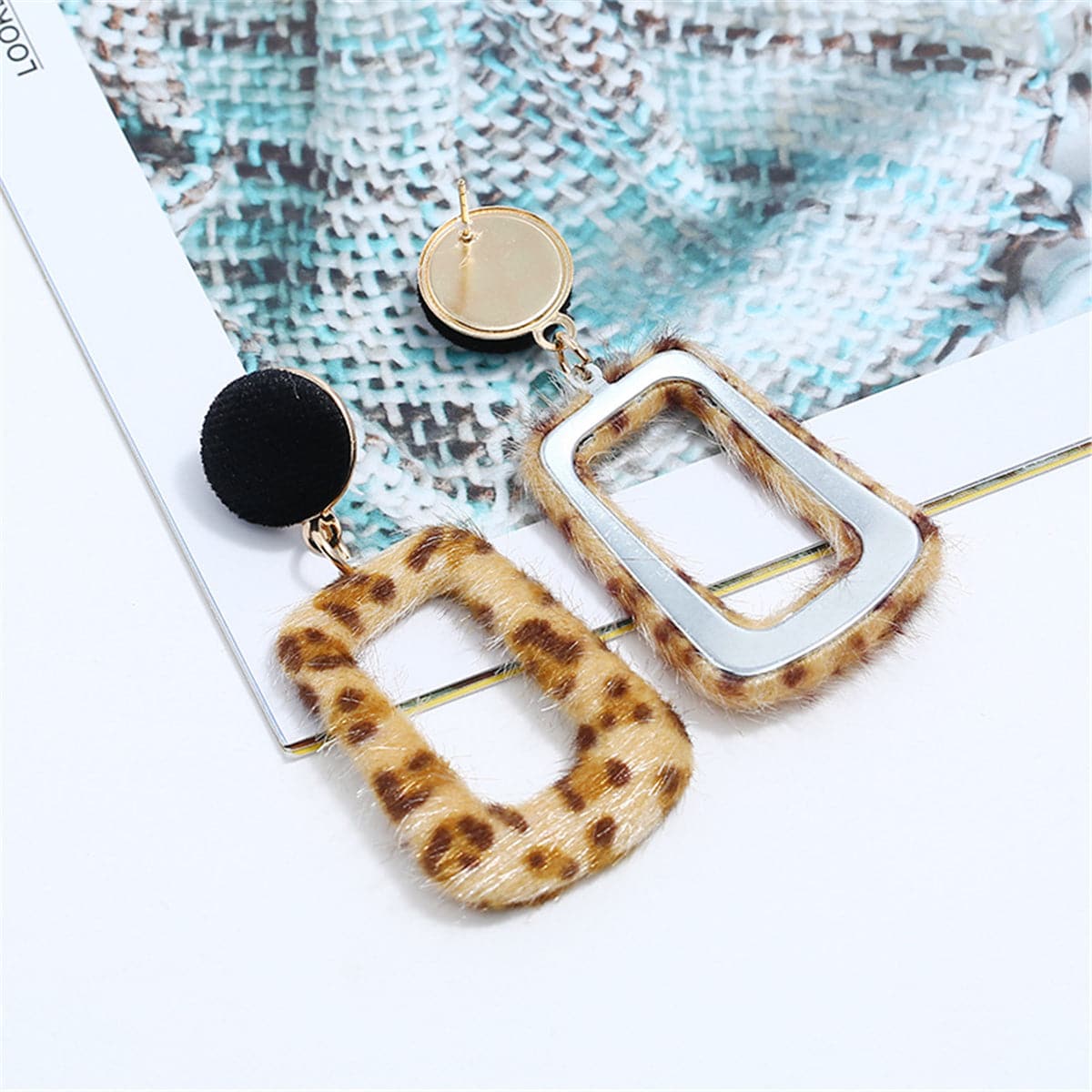 Khaki Leopard Gabardine Rectangle Drop Earrings