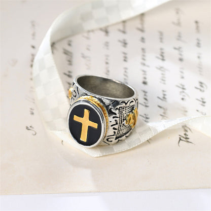Black and Two-Tone Engraved Cross Band, statement rings for women, everyday style, side view