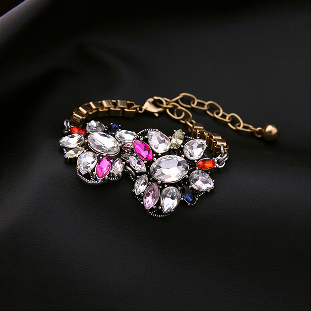 Pink Red Multicolor Crystal & 18K Gold-Plated Flower Charm Bracelet