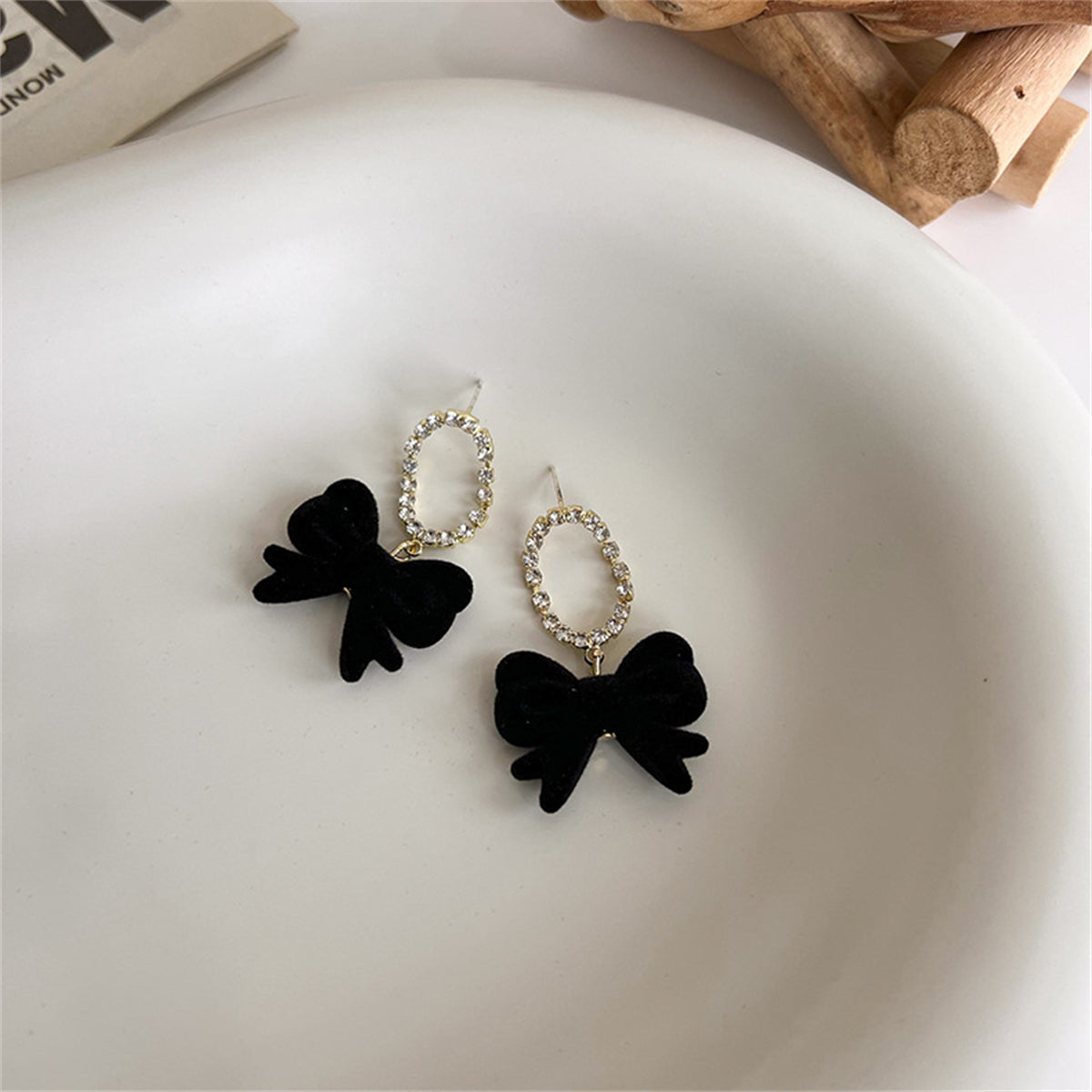 Black Velvet and Cubic Zirconia Oval Bow Drop Earrings, drop earrings for women, dainty minimalist design, front view
