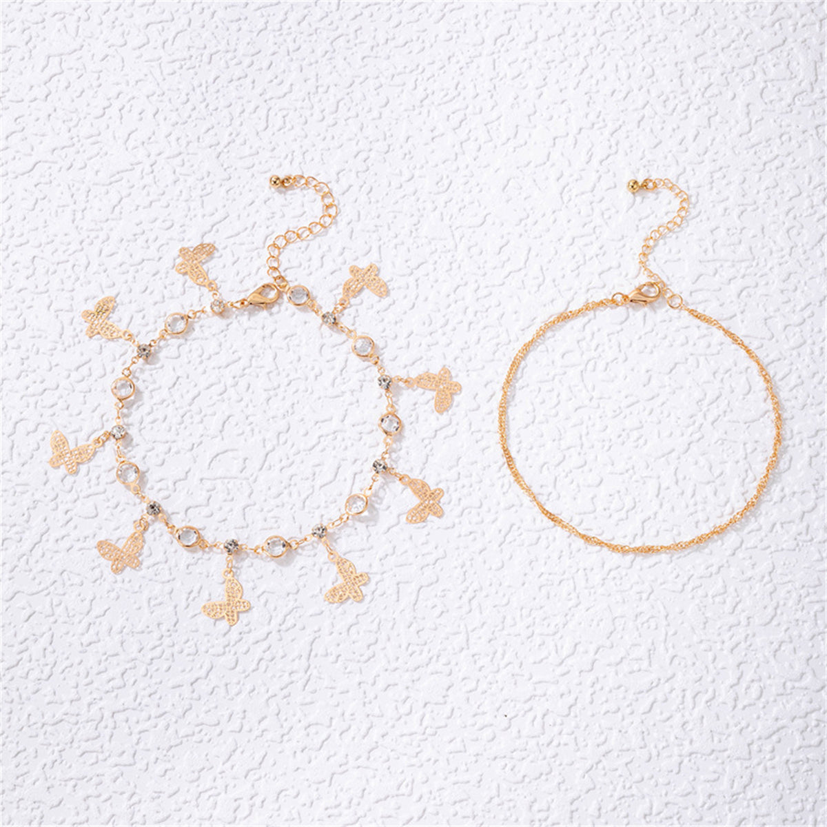 Cubic Zirconia & 18K Gold-Plated Butterfly Openwork Charm Anklet Set