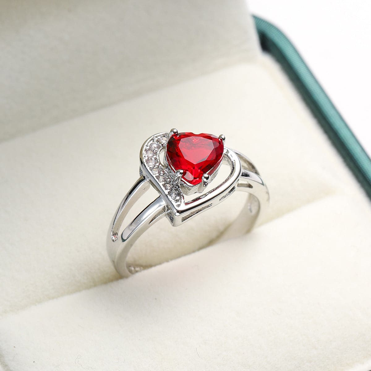 Red Crystal and Cubic Zirconia Heart Asymmetrical Ring, statement rings for women, everyday style, side view