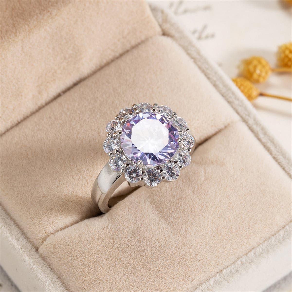 Blue Crystal and Cubic Zirconia Silver-Plated Halo Ring, silver statement rings for women, front view